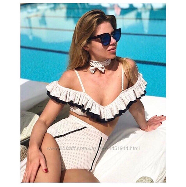 Купальник жіночий роздільний чорний білий з рюшками та завищеною талією, ку