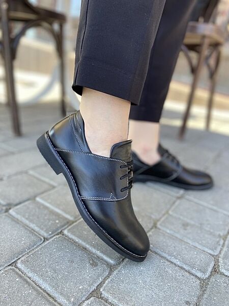 Туфли женские кожаные на шнурках низком ходу черные натуральная кожа