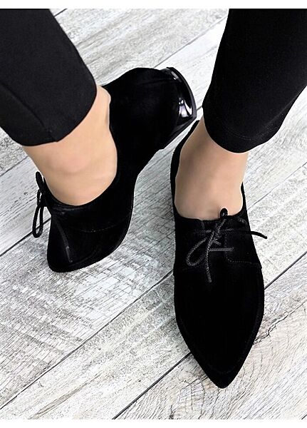 Туфли на шнурках женские замша острый носок черные 77373-28