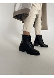 Ботинки женские зимние на шнурках молнии широкий каблук кожаные повседневны