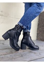 Ботинки женские зимние на шнурках молнии широкий каблук пряжка ремешок кожаные