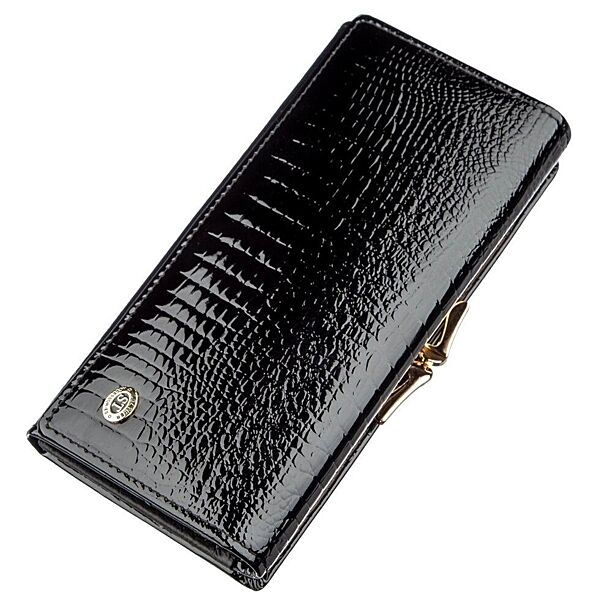 Жіночий гаманець чорний стильний фактурний рептилія монетниця на застібці 718910