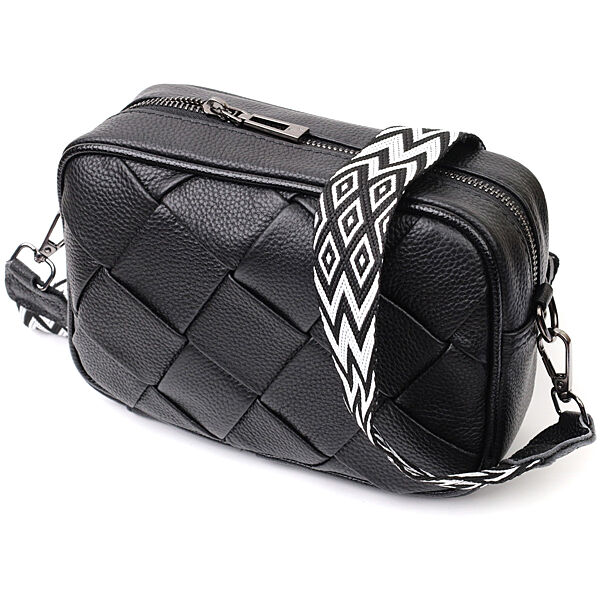 Кожаная плетенная сумка сумочка через плечо кросс-боди черная 722406