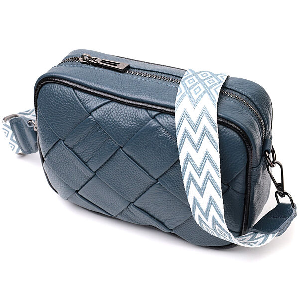 Синяя кожаная плетенная сумка сумочка через плечо кросс-боди 722408
