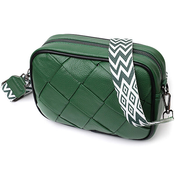 Зеленая кожаная плетенная сумка сумочка через плечо кросс-боди 722410
