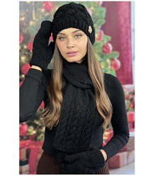 Шапка женская  шарф  варежки комплект Дюран черный 
