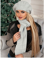 Берет вязаный женский и шарф Комплект Беата светло-серый