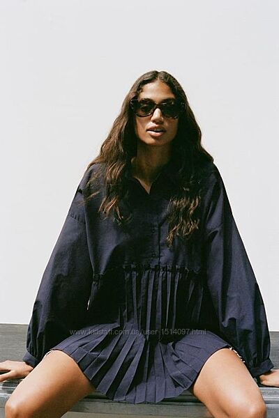 Широкая рубашка плисе зара из поплина с объемными рукавами буффы от ZARA