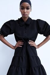 Черное платье зара из поплина с объемными рукавами от ZARA