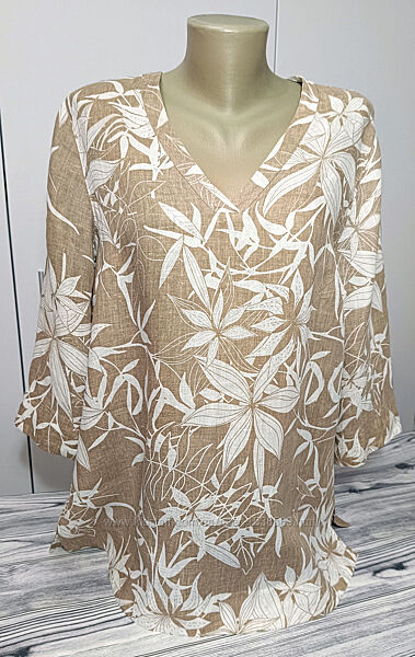 Блуза льонова бежева білі квіти вільний крій р.48-50 блузка з льону