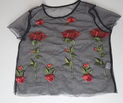 Сетка, топ сетка, топ, размер l, вышивка розы