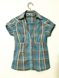 Брендовая рубашка клеточка голубая чёрная блузка женская короткий рукав