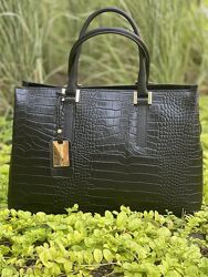 Шкіряна містка чорна сумка під крокодила, Італія