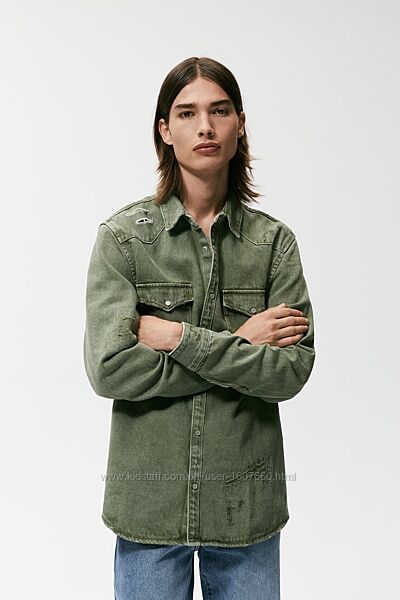 Джинсова сорочка Zara XS-S куртка хакі Зара зелена ХС-С 44-46 рваная
