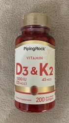 Вітаміни D3 25 мкг, 1000 МО і K2 45 мкг, 200 капсул США.