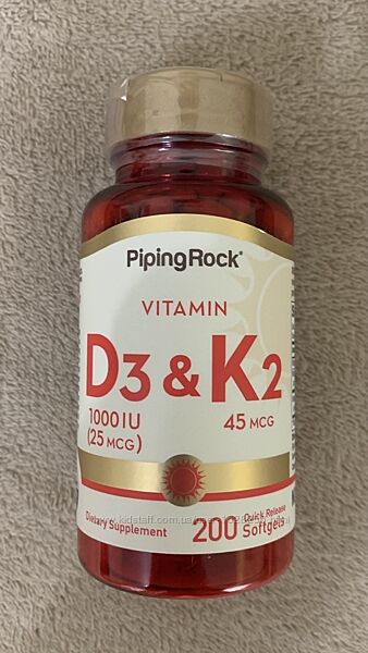 Вітаміни D3 25 мкг, 1000 МО і K2 45 мкг, 200 капсул США.
