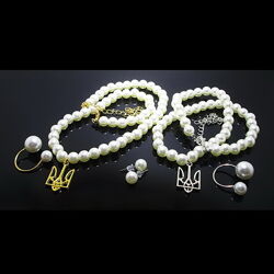 Перли жемчуг з тризубом збір на ЗСУ комплект ожерелье подвес серьги кольцо