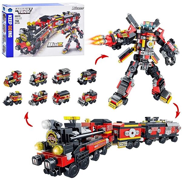 Конструктор BB01082 Паровоз поезд. Робот трансформер 10в1 766 деталей 