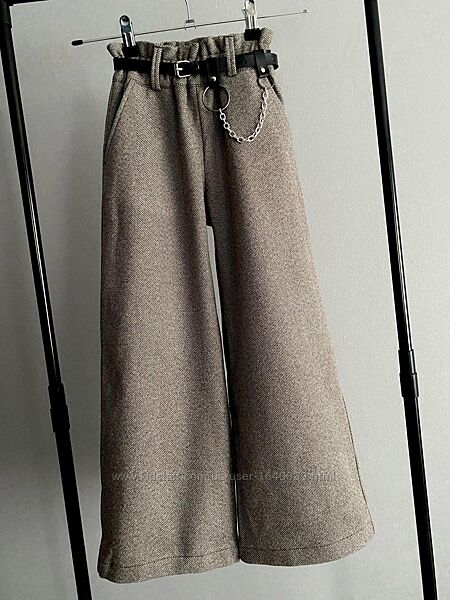 Теплі дитячі кашемірові штани брюки палаццо для дівчинки коричневі ялинка