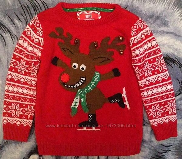 Новогодний свитер с оленем и бубенчиками на рожках на 5-6 лет, фирма Rebel
