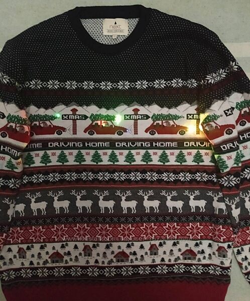 Новогодний свитер с рождественским орнаментом, лампочки минають, L