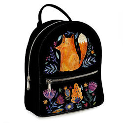 Городской женский рюкзак Лиса и цветы на черном фоне