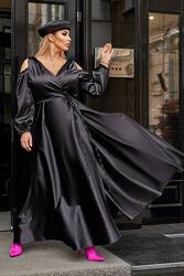 48-70р сукня в пол чорна нарядна довгий рукав легка супер батал запах