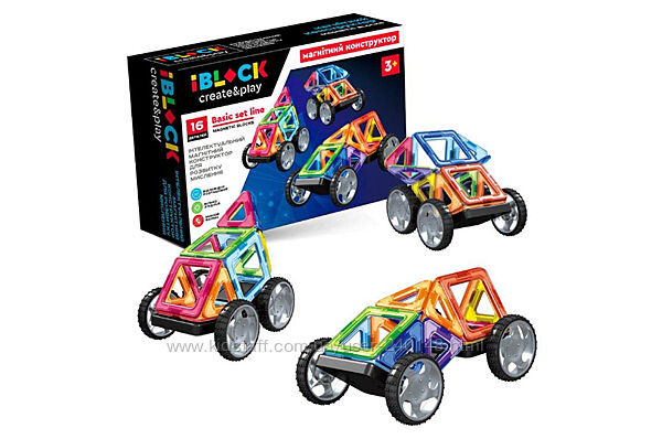 Конструктор магнітний IBLOCK PL-923-527 16 деталей, колеса з рамою, короб.