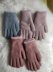 Теплые перчатки рукавицы , толстые, мягкие , с мехом , серые, розовые, сини