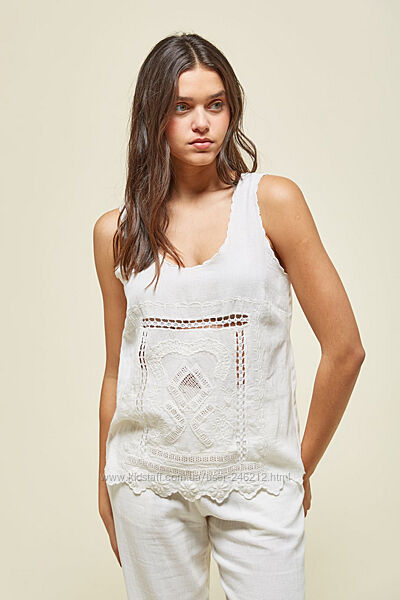 Вишитий ажурний топ Mango зі льоном S/M