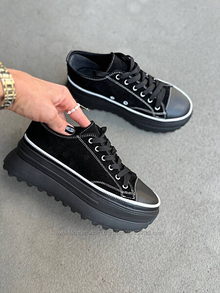 Кеди жіночі замшеві чорні з чорною шкіряною вставкою Артикул 7500 новинка