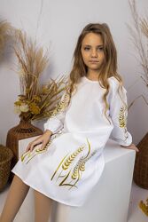 Сучасна біла  сукня вишиванка для дівчинки колосся пшениця 