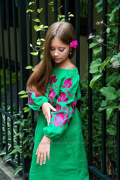 Сукня вишиванка для дівчинки зелена льон 
