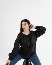 Сорочка вишиванка чорна по чорному жіноча льон 