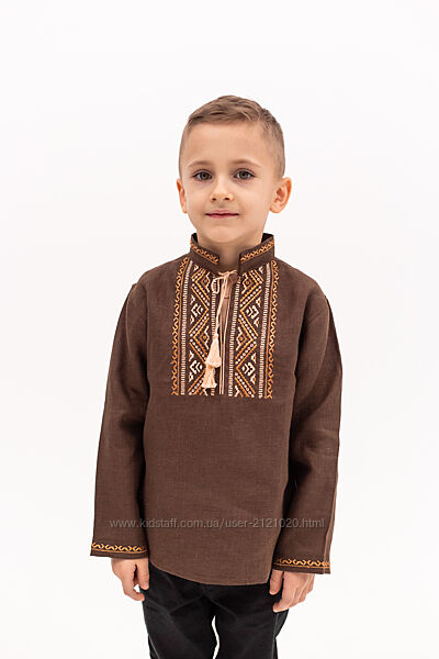 Сорочка вишиванка коричнева льон для хлопчика 