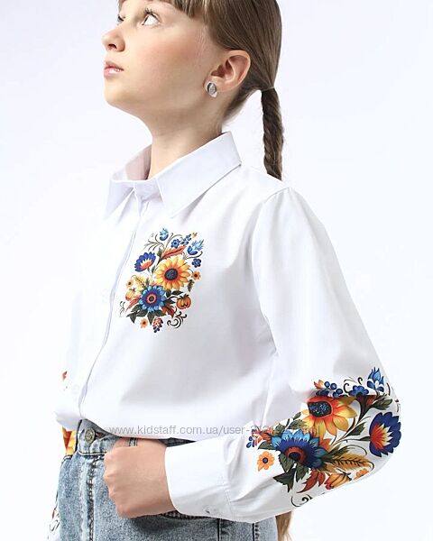 Шкільна блуза патріотична вишиванка для дівчинки, шкільні білі блузи дитячі
