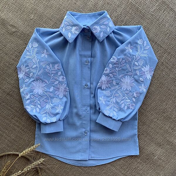 Блакитна блуза вишиванка для дівчинки, блуза з вишивкою для дівчинки, 