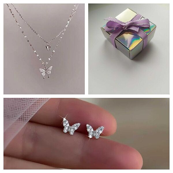 Набор бижутерии в подарочной коробке цепочка на шею двойная и сережки гвозд