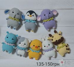Іграшки котик, пінгвін, слон, бегемот амігурумі